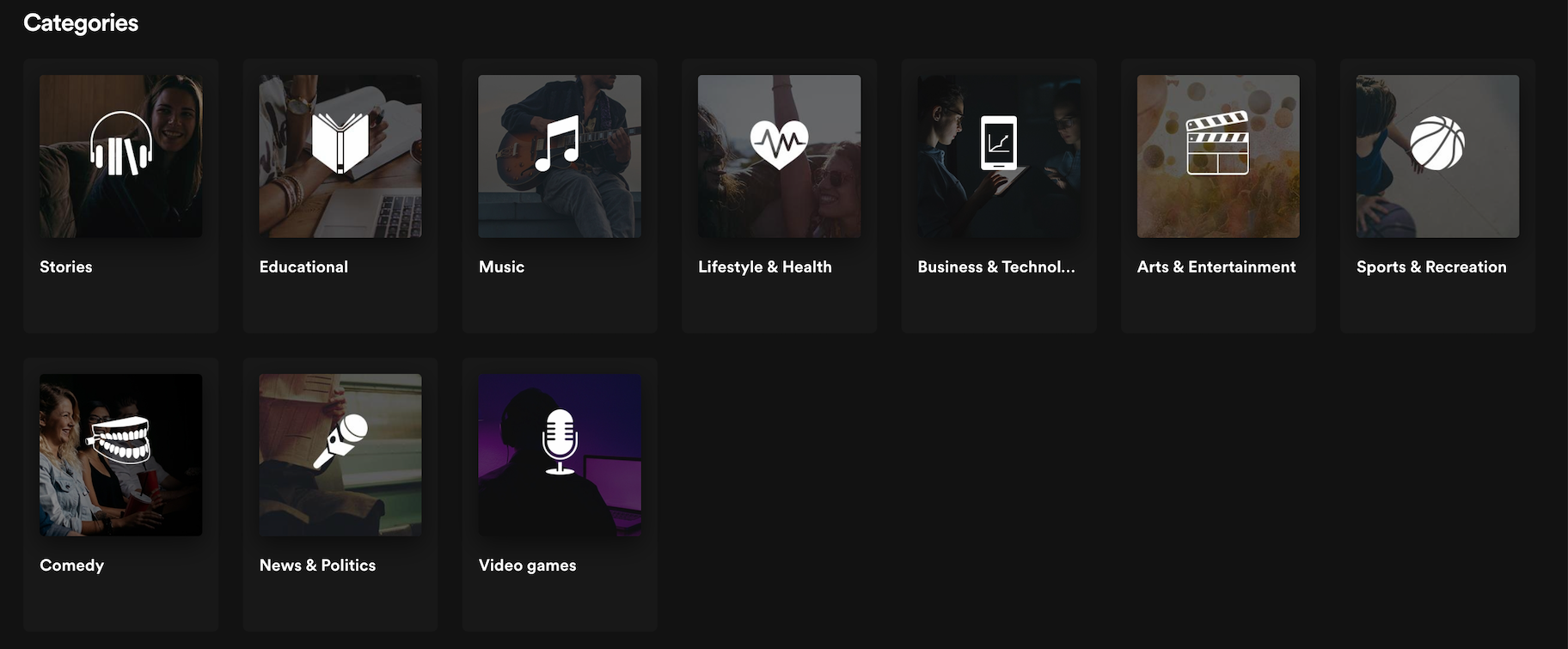 Spotify main podcast categories