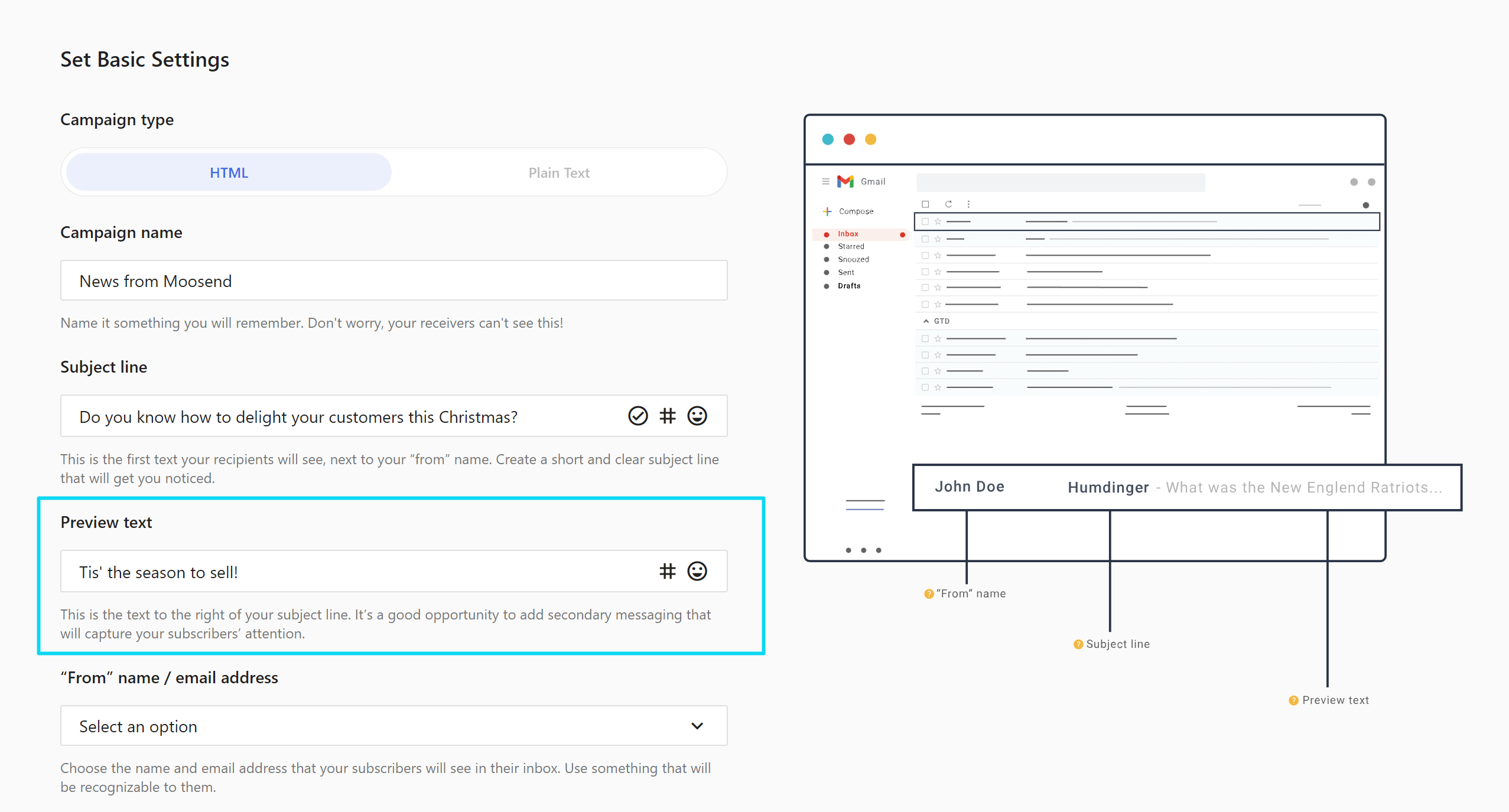 Adding an email preheader using Moosend.