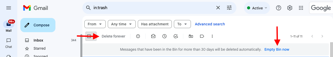 Manually empty the trash in Gmail