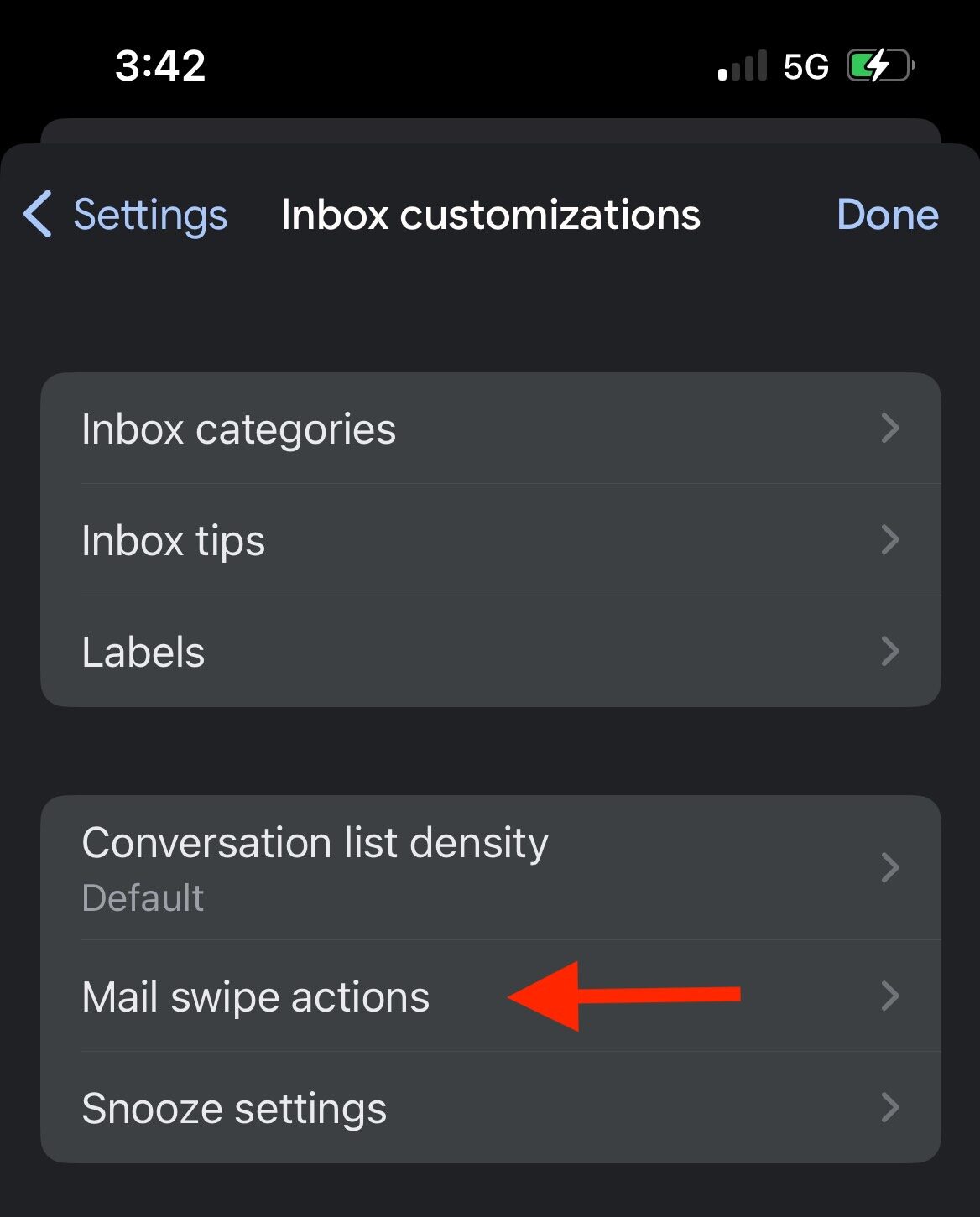 Swipe actions setup in gmail for iphone